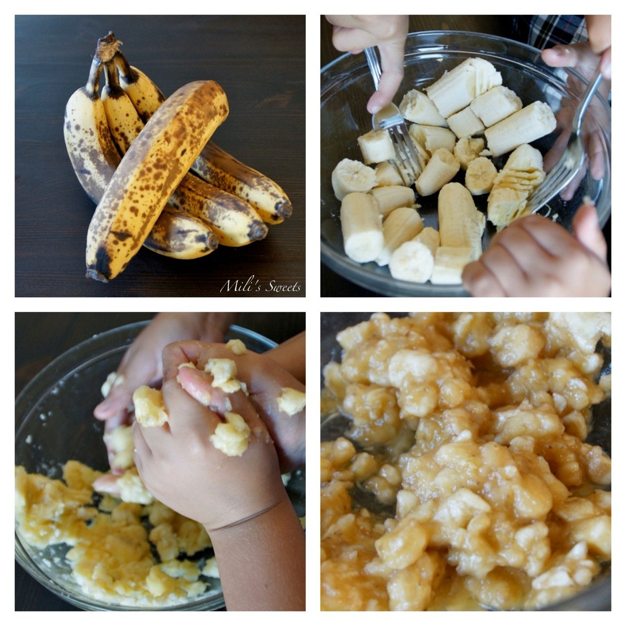 smashing bananas to make cake - Mili's Sweets banana-caramel cake recipe