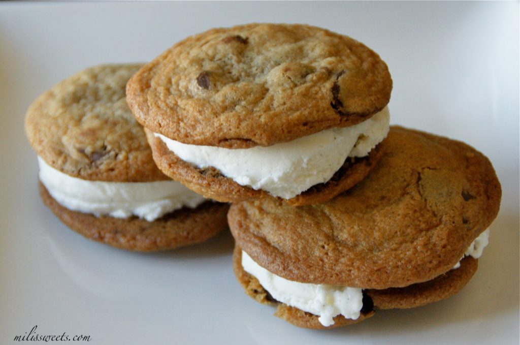 ice cream sandwiches with fresh chocolate chip cookies and vanilla bean ice cream  - via milissweets.com