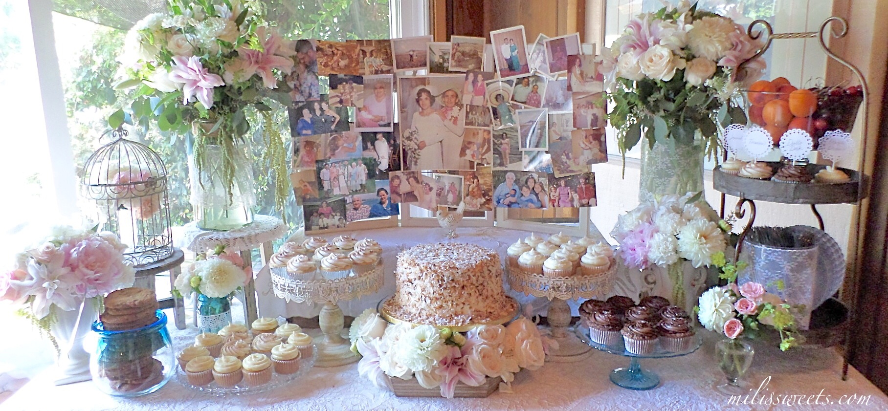for my beautiful mother, 70th birthday, floral dessert table, via milissweets.com
