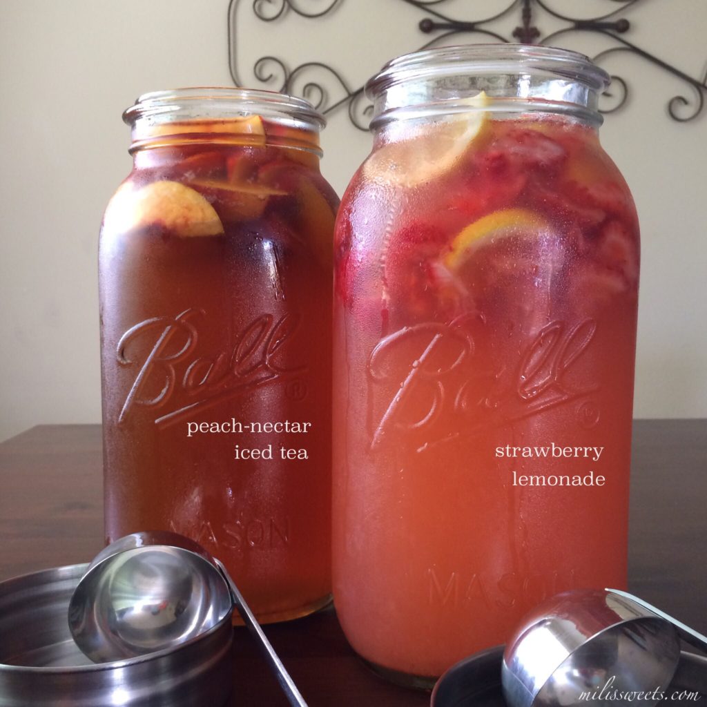 sweet, summertime drinks: peach-nectar iced tea and strawberry lemonade recipes